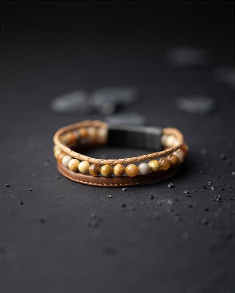 Dreifaches Armband mit 6 mm Jaspis und Nappaleder - Triple Beige